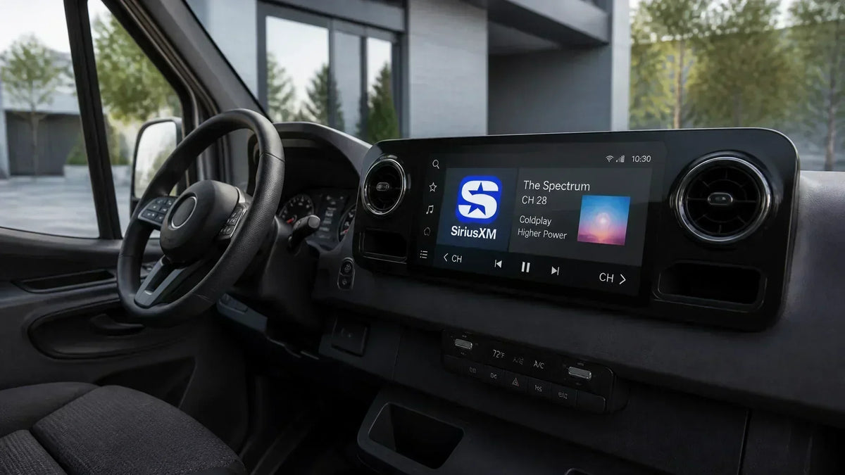Mercedes Sprinter factory touchscreen showing SiriusXM integration.