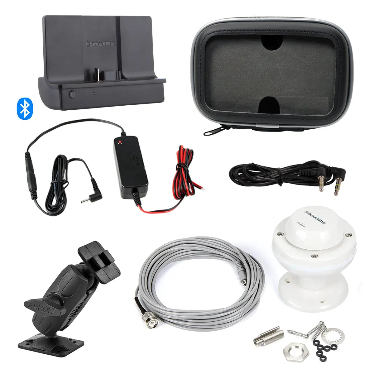 A SiriusXM Bluetooth Marine Bundle on a white background, including a black mounting bracket with cable, a coiled gray cable, a white dome-shaped sensor unit, a black zip case, a black power adapter, a black Bluetooth symbol icon, and other small hardware accessories.
