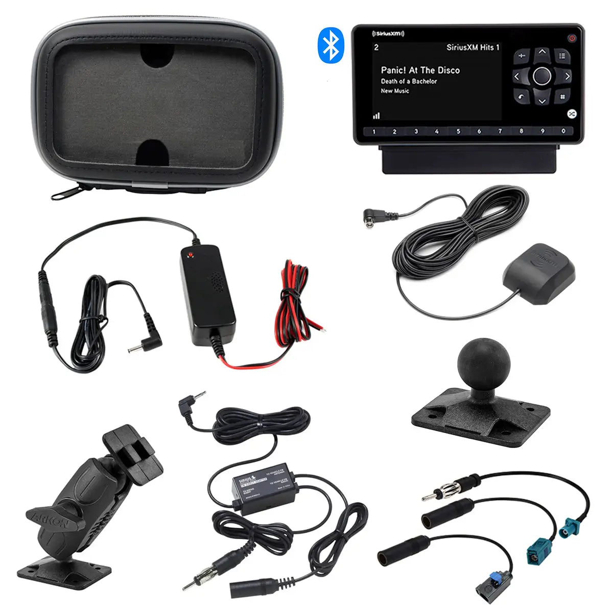 SiriusXM Satellite Radio Bluetooth UTV Kit with OnyX EZR Receiver, protective case, hardwired power adapter, antenna, mounts and cables
