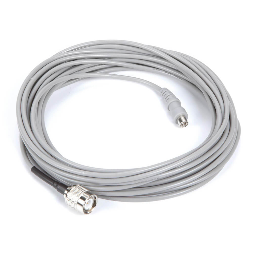 A coiled gray cable with two metal connector ends, photographed on a plain white background.