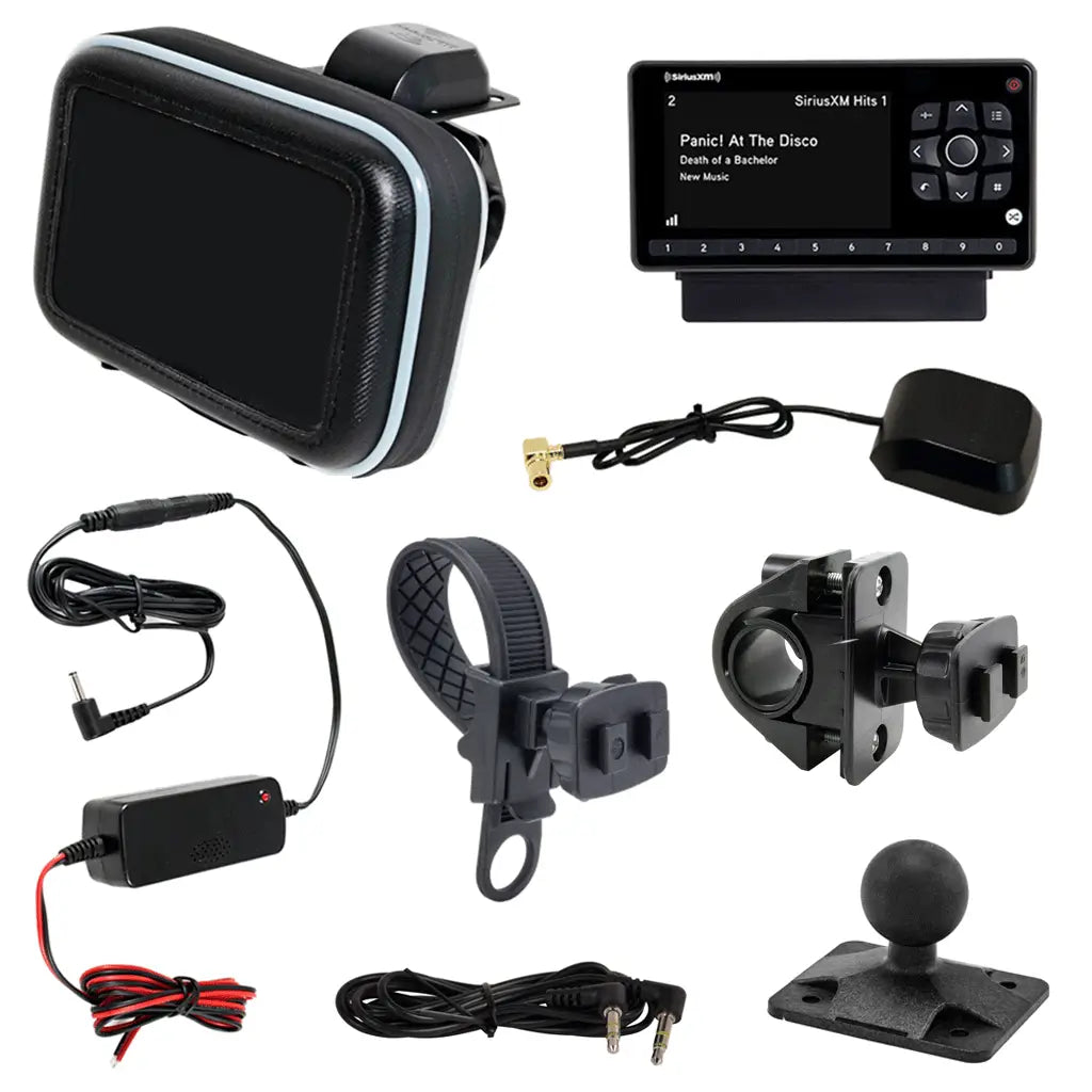 SiriusXM Satellite Radio Motorcycle Bundle with OnyX EZR radio, compact mounting kit, hardwired power adapter, protective case and short cable antenna.