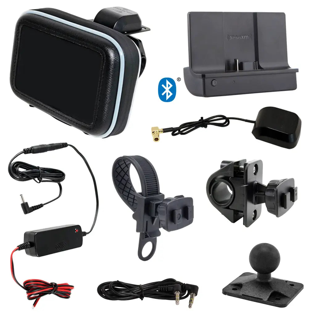 SiriusXM Bluetooth Compact Motorcycle kit with Protective case, dock, antenna, hardwired power adapter and mounting accessories