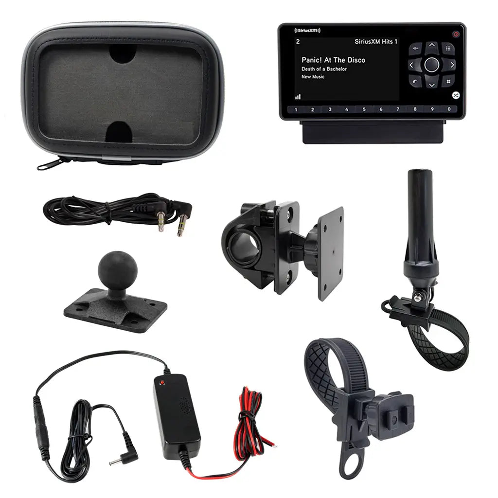 SiriusXM Motorcycle Kit with a display screen, mounting bracket, antenna, carrying case, power adapter, and wiring harness on a white background.