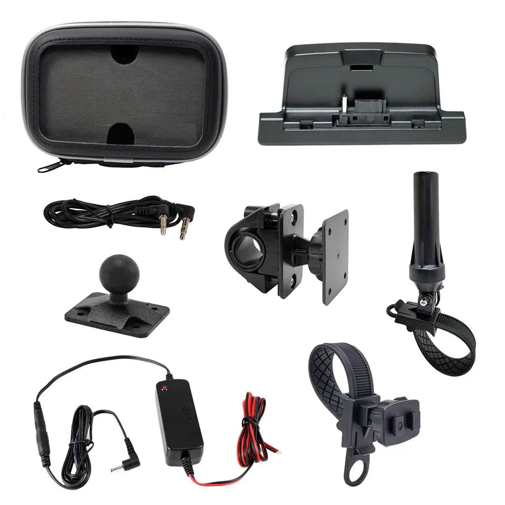 SiriusXM Satellite Radio Universal Motorcycle installation kit with high gain antenna and hardwired power adapter including a zippered case, a mounting bracket, a pole-like attachment, a ball mount, a strap, cables, and a power adapter.