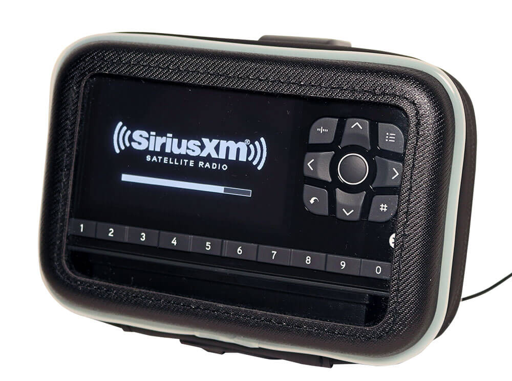Protective case with OnyX EZR receiver inside. The case has a clear plastic panel on the front to allow you to press buttons to change channels.