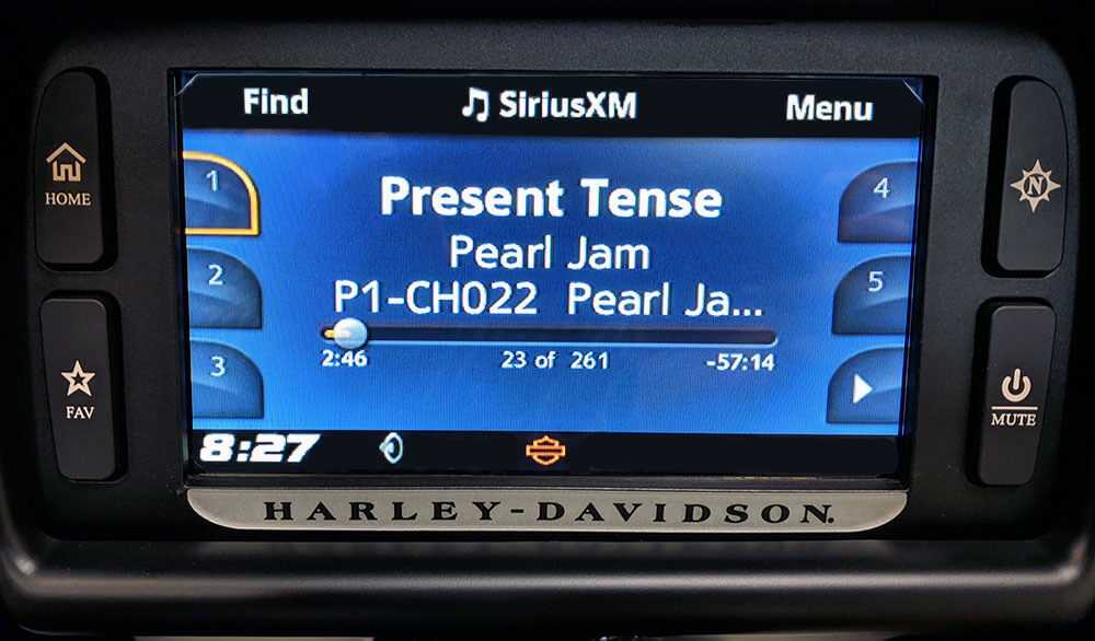 Harley Davidson radio playing SiriusXM with our GSR-HM01 kit