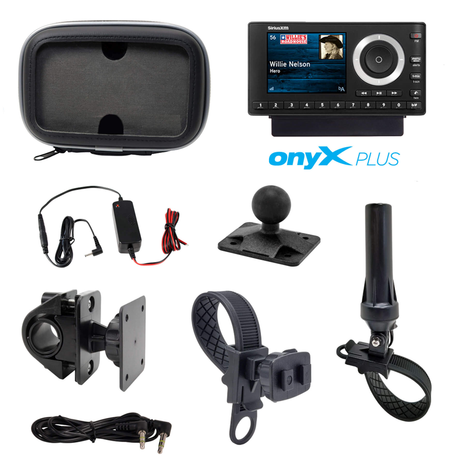 OnyX Plus Sirius XM Satellite Radio Motorcycle Kit with handlebar mount, 3 power options, waterproof protective case.