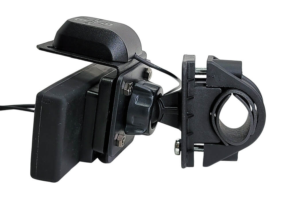 Side view of the CommanderTouch Motorcycle kit with handlebar clamp mount