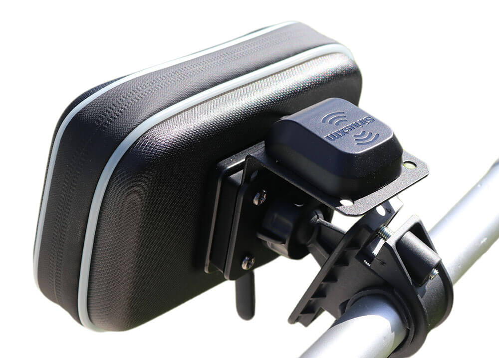 back view of the compact sirius xm radio motorcycle kit shown mounted on handle bars