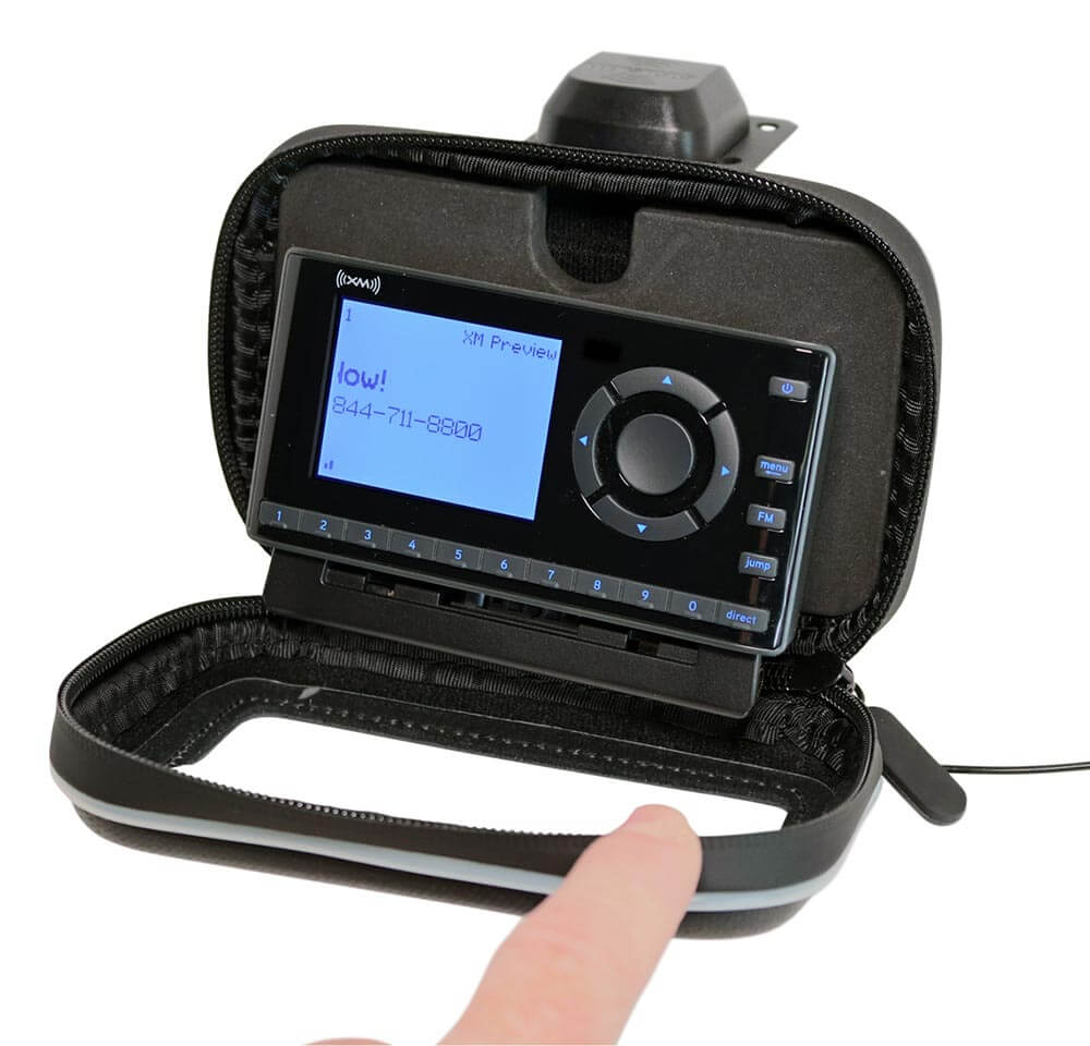 SiriusXM Radio compact motorcycle kit showing the Onyx receiver in the case