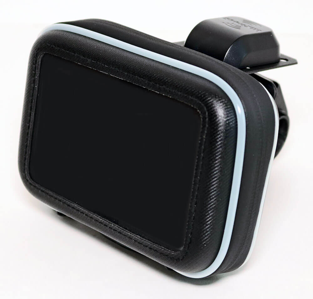 Compact motorcycle kit for SiriusXM with protective weatherproof case, antenna, and handle bar mount