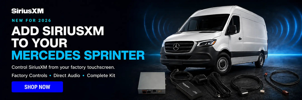 Promotional banner for SiriusXM vehicle streaming, showing a white Mercedes Sprinter van on a dark blue graphic background with SiriusXM branding, text reading 'ADD SIRIUSXM TO YOUR MERCEDES SPRINTER,' and a small control box, cables, and receiver accessories.