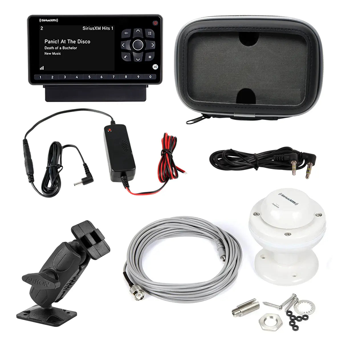 SiriusXM marine system kit with a black display screen, black carrying case, power adapter, cables, mounting bracket, and white receiver unit on a white background.