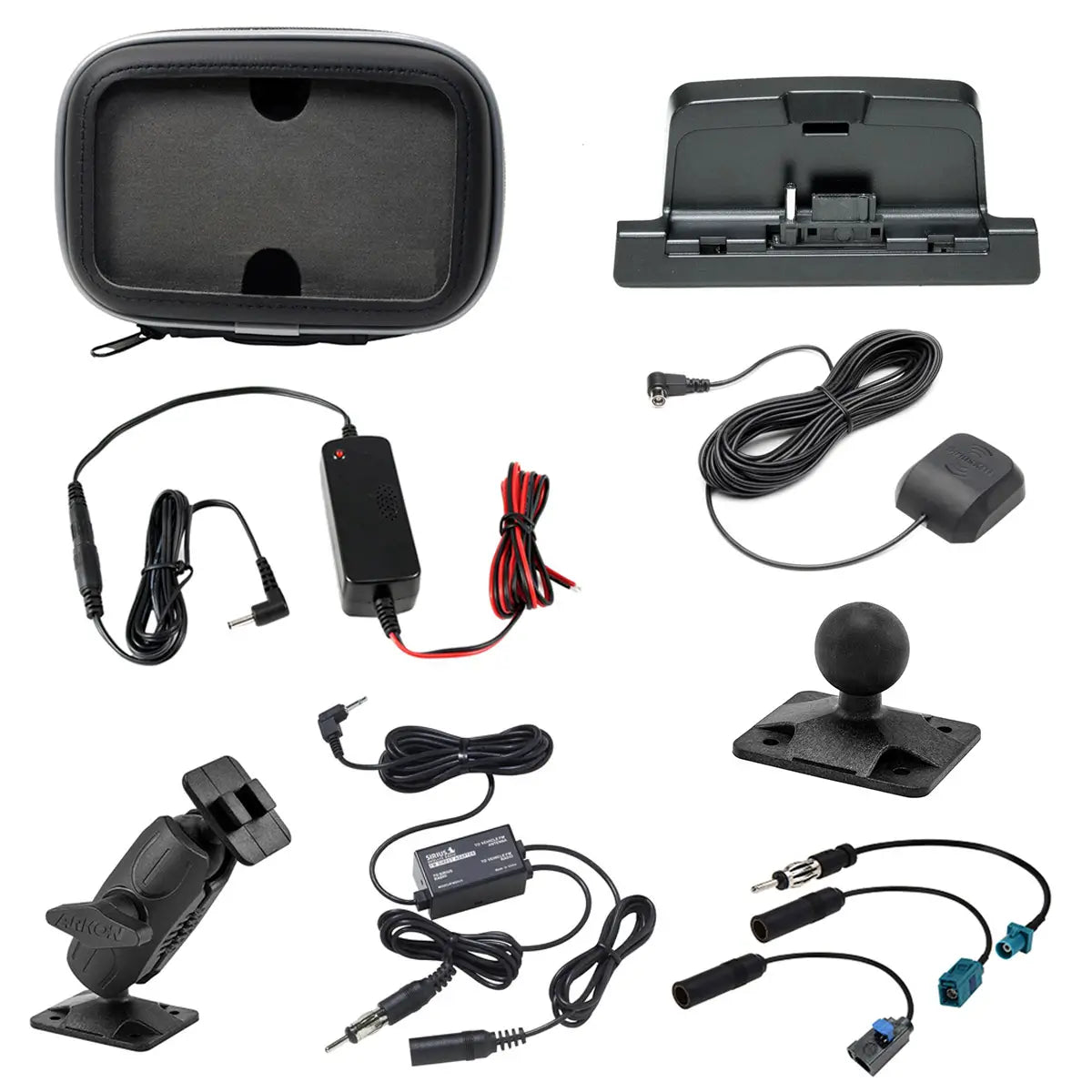 SiriusXM Satellite Radio Universal UTV Installation kit with protective case, docking cradle, hardwired power adapter, antenna, mounts and cables.