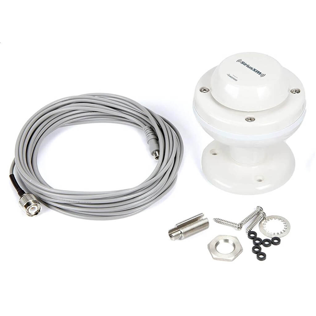 A white SiriusXM Marine Antenna with a coiled gray cable, mounting hardware including screws, washers, nuts, and black rubber O-rings, photographed on a clean white background.