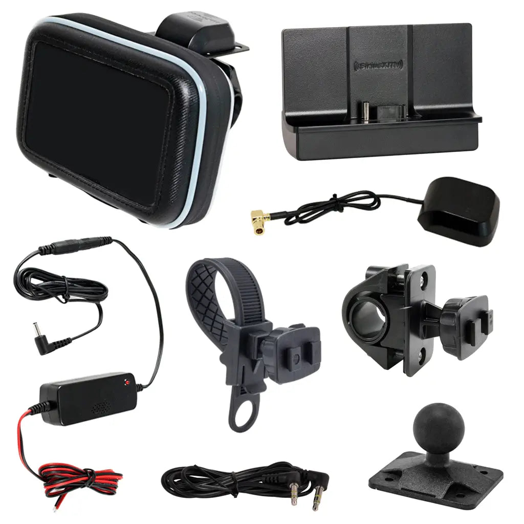 SiriusXM Satellite Radio Motorcycle Bundle with Compact mounting kit, hardwired power adapter, protective case and short cable antenna.