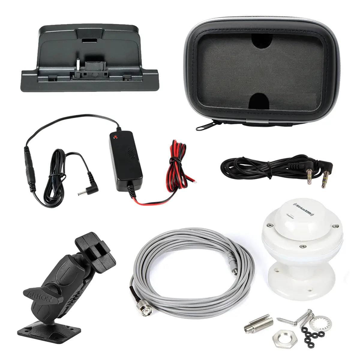 A SiriusXM Radio Marine Installation Kit with a white background, including a black mounting bracket, a black foam-lined hard case, a power adapter with red and black wires, a black power cord, a black clip-on mount, a coiled gray cable, a white dome receiver, and small metal hardware.