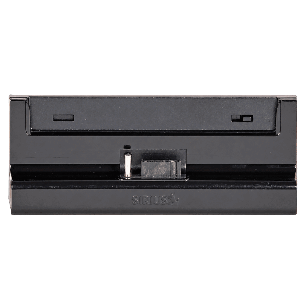 Sirius SUPV1 satellite radio vehicle docking cradle, front view showing the radio connector and Sirius logo