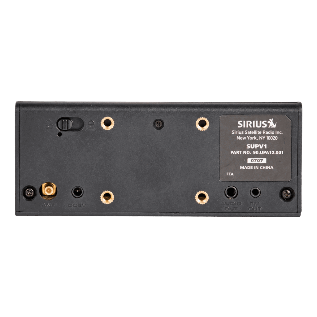 Sirius SUPV1 satellite radio vehicle dock, rear view showing antenna, DC power, audio output and FM output connections
