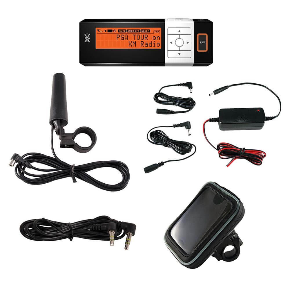 Package includes the AGT receiver, motorcycle antenna, hardwired power adapter, aux cable, and protective case