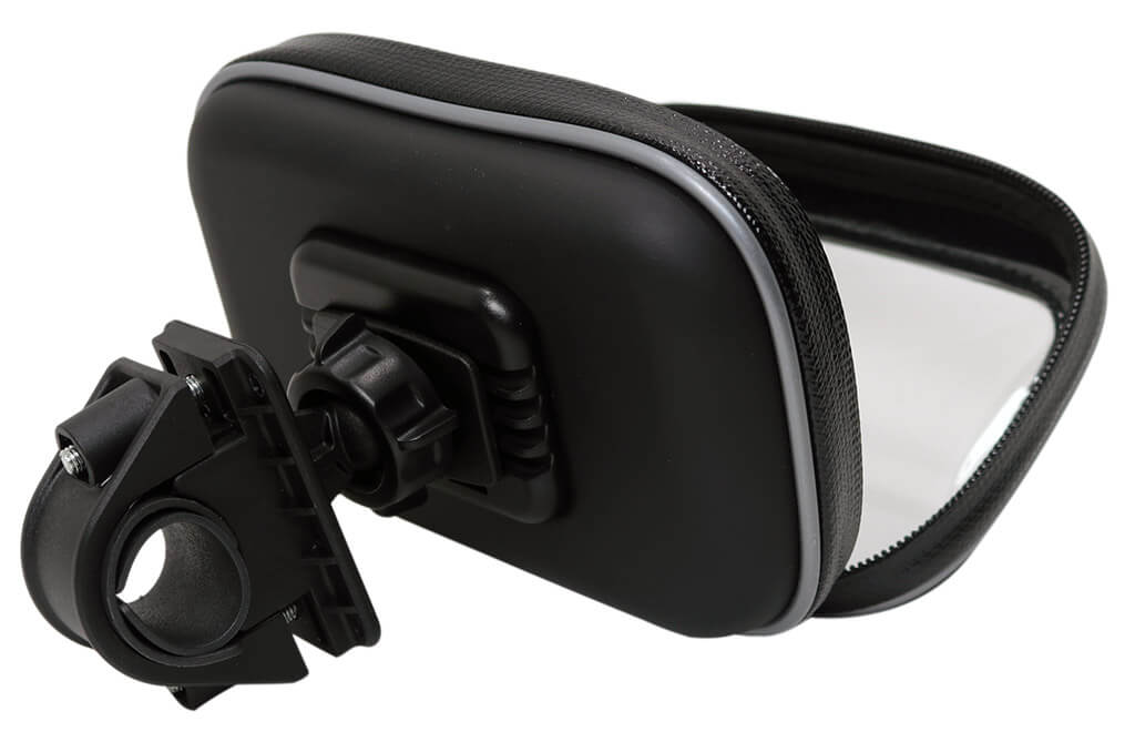 case shown open and the handlebar mount attached to the back of the case
