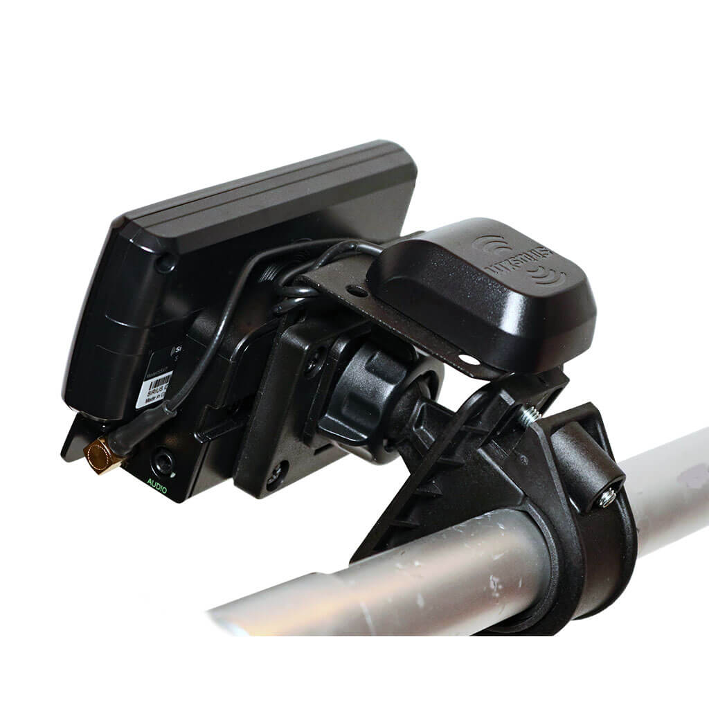 The handlebar mount securerly attaches to the bar and allows for pivoting of the receiver