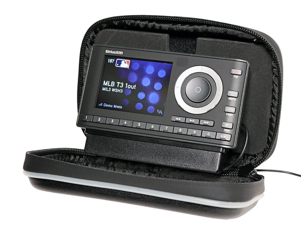 Plus receiver shown in the case with zipper open allowing quick and easy access to the receiver
