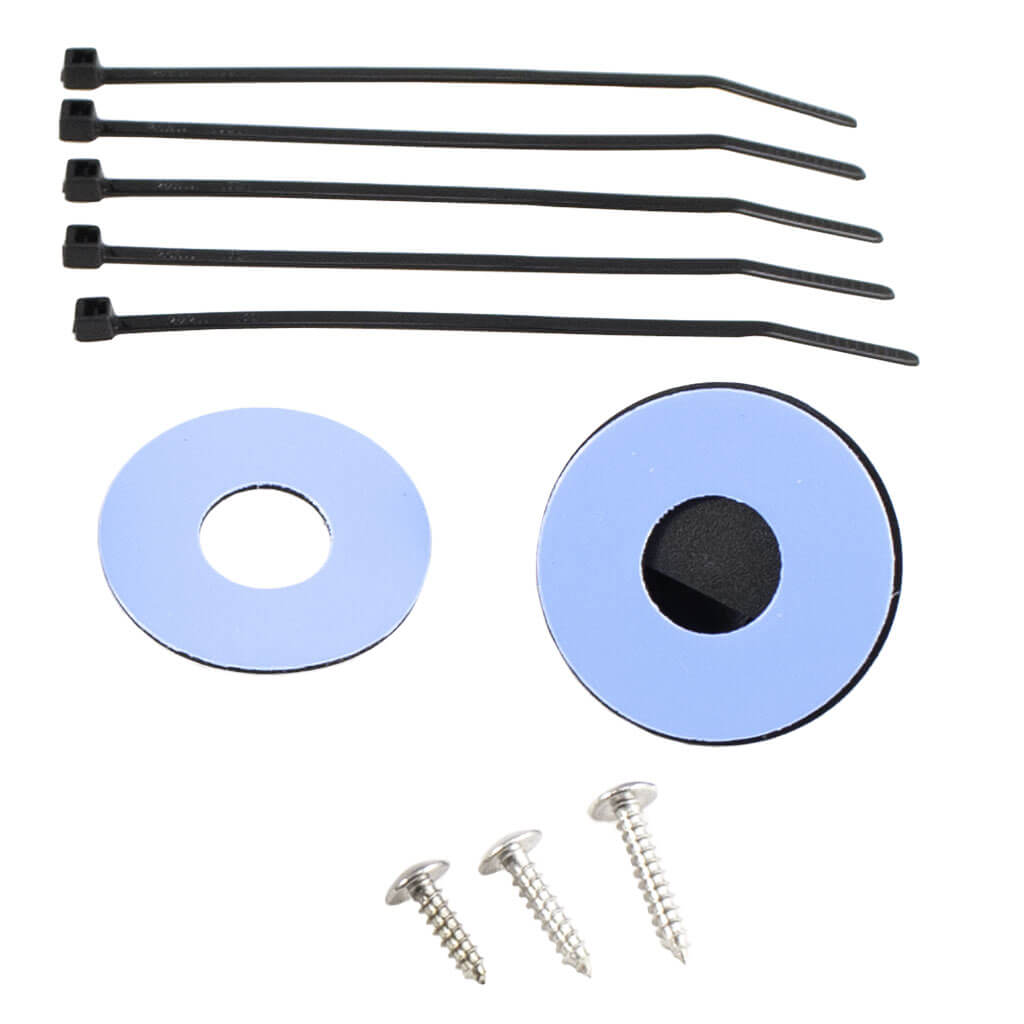 Package includes tie wraps, extra sticky pad, and mounting screws